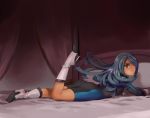  ass bed blue_hair bodysuit hair_over_one_eye highheels inazuma_eleven kazemaru_ichirouta long_hair looking_back male on_stomach trap 