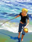  1boy barefoot beach black_eyes blonde_hair bucket denji_(pokemon) denzi_(pokemon) gum_(gmng) holding jeans male pokemon pokemon_(game) solo stick t-shirt water 