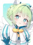  1girl :3 animal_ears blue_eyes blue_gloves blush bracelet braid cat_ears character_request copyright_request dress gloves green_hair hair_intakes head_tilt jewelry juliet_sleeves long_sleeves love_mintchoco puffy_sleeves sidelocks solo sparkling_eyes upper_body white_dress white_wings wings 