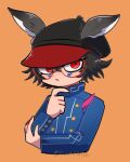  1boy animal_ears animal_hat black_hair black_headwear blue_jacket cabbie_hat closed_mouth commentary_request cropped_torso fake_animal_ears glasses hand_on_own_chin hand_up hat jacket long_sleeves looking_at_viewer lowres male_focus master_detective_archives:_rain_code nerena_(kusonetaiyo) orange_background red-framed_eyewear red_eyes round_eyewear short_hair simple_background solo thinking upper_body zilch_alexander 