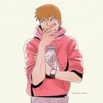  1boy artist_name black_eyes blonde_hair commentary english_commentary gatoiberico hand_on_own_arm hand_on_own_face highres hood hood_down hoodie looking_to_the_side male_focus mob_psycho_100 print_hoodie red_hoodie reigen_arataka salt_shaker short_hair simple_background solo watch watch 