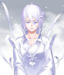  1girl absurdres bleach closed_mouth collarbone colored_eyelashes commentary dress expressionless grey_background hair_between_eyes hakka_no_togame_(bankai) high_collar highres ice ice_crystal kuchiki_rukia lips long_sleeves looking_down nose ribbon short_hair snow solo spoilers straight-on upper_body violet_eyes white_dress white_hair white_ribbon wide_sleeves yoshino_(laencl) 