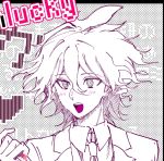  1boy :d blush collared_shirt danganronpa_(series) danganronpa_3_(anime) hair_between_eyes hand_up hinomiya_shiyou_(ly05yy) jacket komaeda_nagito male_focus messy_hair necktie portrait shirt smile solo teeth upper_teeth_only 