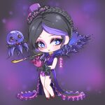  1girl artist_name black_gloves black_hair braid chibi crown_braid dress du_xifei facial_tattoo full_body gloves hat highres holding holding_smoking_pipe kumu_zaisheng long_dress long_hair looking_to_the_side mini_hat multicolored_hair octopus purple_background purple_dress purple_hair red_footwear smile smoking_pipe solo streaked_hair tattoo violet_eyes ye_luoli 