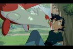  1boy against_tree ash_ketchum black_eyes black_hair black_shirt commentary_request day eye_contact grass knhrpnkt latias looking_at_another male_focus open_mouth outdoors pants parted_lips pokemon pokemon_(anime) pokemon_(classic_anime) pokemon_(creature) pokemon_heroes:_latios_&amp;_latias shirt short_hair short_sleeves sitting t-shirt tree 