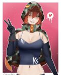 1girl black_camisole breasts camisole darkpulsegg detached detached_sleeves facial_mark girls_frontline ks-23_(girls&#039;_frontline) large_breasts messy_hair midriff open_clothes orange_hair sharp_teeth simple_background smile stomach teeth yellow_eyes 