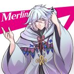  1boy bishounen character_name closed_mouth fate/grand_order fate_(series) flower_knot hooded_robe kagyu male_focus merlin_(fate) red_ribbon ribbon robe solo violet_eyes white_background white_hair white_robe wide_sleeves yellow_ribbon 