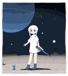  1girl ashi_izumo blue_eyes border double-parted_bangs dress full_body highres holding holding_umbrella horizon looking_at_viewer night night_sky no_pants original parted_lips planet shoes short_hair short_hair_with_long_locks short_sleeves sidelocks sky solo space standing star_(sky) ufo umbrella white_border white_dress white_footwear white_hair 