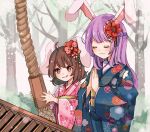  2girls alternate_costume animal_ears black_hair blue_kimono box closed_eyes closed_mouth donation_box floral_print hair_ornament hatsumoude highres inaba_tewi japanese_clothes kimono long_hair long_sleeves multiple_girls nauka pink_kimono praying print_kimono purple_hair rabbit_ears red_eyes reisen_udongein_inaba rope short_hair smile tongue tongue_out touhou wide_sleeves 