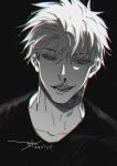  1boy blood gojou_satoru greyscale highres jujutsu_kaisen looking_at_viewer male_focus monochrome nosebleed open_mouth sashiyu shirt short_hair simple_background smile solo tongue tongue_out upper_body 