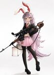  1girl absurdres animal_ears bad_gun_anatomy black_footwear black_jacket black_pantyhose blazer blush closed_mouth collared_shirt crescent crescent_pin designated_marksman_rifle dragunov_svd full_body gun highres holding holding_gun holding_weapon jacket long_hair long_sleeves necktie ougiikun pantyhose pink_skirt pleated_skirt purple_hair rabbit_ears red_eyes red_necktie reisen_udongein_inaba rifle scope shirt shoes simple_background skirt sniper_rifle solo touhou weapon white_background white_shirt 