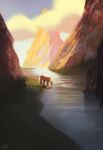  1boy absurdres animal carosapien clouds commentary day english_commentary epona grass highres horse lake landscape link mountain outdoors scenery signature the_legend_of_zelda the_legend_of_zelda:_breath_of_the_wild water 