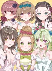  6+girls ahoge bangs_pinned_back black_flower black_rose blue_flower blue_rose blush bouquet bow breasts brown_hair collarbone crown dress earrings flower gloves green_eyes green_hair hair_between_eyes hair_bow hair_bun heaven_burns_red highres jewelry k_i49 large_breasts long_hair multiple_girls ooshima_ichiko ooshima_isuzu ooshima_minori ooshima_muua ooshima_niina ooshima_yotsuha parted_bangs red_eyes red_flower red_rose redhead rose second-party_source short_hair star_(symbol) star_earrings team_31e_(heaven_burns_red) two_side_up violet_eyes wedding_dress white_dress white_gloves 