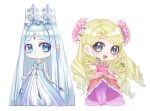  2girls :d absurdres blonde_hair blue_dress blue_eyes blue_hair chibi doll_joints dot_mouth dress flower full_body grey_eyes hair_flower hair_ornament han_bingjing highres hua_ling_(ye_luoli) joints kumu_zaisheng multiple_girls outstretched_arm outstretched_hand pink_dress pink_flower see-through see-through_dress smile white_background ye_luoli 