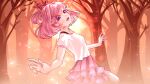  1girl :d absurdres breasts commentary doki_doki_literature_club fang foreshortening forest frilled_skirt frills from_side hair_ornament hair_ribbon highres looking_at_viewer looking_to_the_side natsuki_(doki_doki_literature_club) nature open_mouth outdoors outstretched_arms pink_eyes pink_hair pink_skirt red_ribbon ribbon shirt short_hair short_sleeves skipping skirt small_breasts smile solo star_(symbol) sunset sushimassacre swept_bangs tree two_side_up white_shirt x_hair_ornament 