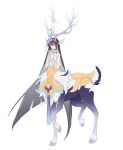  1girl animal_ears antlers bare_shoulders black_hair centauroid cloud_ya commentary deer_antlers deer_ears deer_tail dress full_body hair_between_eyes hands_on_own_chest highres honkai_(series) honkai_impact_3rd hooves long_hair looking_at_viewer monster_girl monsterification multiple_legs parted_lips seele_vollerei sidelocks simple_background solo standing strapless strapless_dress tail taur very_long_hair white_background white_dress 