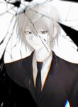  1other androgynous black_suit blonde_hair broken_mirror crystal_earrings earrings formal highres hunter_x_hunter jewelry kurapika looking_at_viewer mirror necktie oi0pio red_eyes reflection shirt short_hair simple_background solo suit upper_body white_background white_shirt 