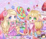  2girls :d absurdres ahoge animal_ears blonde_hair blue_eyes blush candy chibi dress drooling ears_down flower food fox_ears full_body green_eyes hair_flower hair_ornament highres holding holding_food holding_plate hua_ling_(ye_luoli) huyao_xiao_hongniang kumu_zaisheng lollipop long_hair low-tied_long_hair mouth_drool multiple_girls oversized_food oversized_object pink_background pink_dress pink_flower plate smile swirl_lollipop tushan_susu very_long_hair ye_luoli 