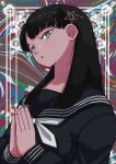 1girl :o abstract_background absurdres black_hair black_serafuku commentary_request framed from_side green_eyes hair_ornament hair_over_one_eye hands_up head_tilt highres kurosuzu_mio long_eyelashes long_hair long_sleeves looking_at_viewer looking_to_the_side mole mole_on_neck multicolored_background neckerchief open_mouth outside_border overjav palms_together paranormasight:_the_seven_mysteries_of_honjo pentagram school_uniform serafuku solo star-shaped_pupils star_(symbol) star_hair_ornament swirl symbol-shaped_pupils upper_body white_neckerchief 