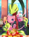  black_hoodie cheri_berry cup disposable_cup drinking drinking_straw food fork fruit green_eyes grey_eyes grovyle highres holding holding_cup holding_with_tail hondew_berry hood hoodie ice_cream indoors karamimame mew_(pokemon) no_humans one_eye_closed pancake pancake_stack plant pokemon pokemon_(creature) potted_plant prehensile_tail rain sitting sitting_on_lap sitting_on_person smoothie strawberry sweatdrop tail window 