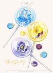  artist_name blue_flower candy dated english_text flower food food_focus haruna_macpro highres no_humans original petals purple_flower simple_background white_day 