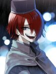  1boy absurdres akaishi_yashi black_headwear black_jacket cape collared_shirt evil_smile grey_eyes hair_over_one_eye highres jacket looking_at_viewer male_focus master_detective_archives:_rain_code open_mouth redhead shirt short_hair signature smile solo symbol_in_eye upper_body white_cape white_shirt yomi_hellsmile 