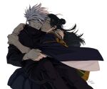  2boys bandage_over_one_eye black_eyes black_hair black_jacket black_kimono black_pants blue_eyes closed_mouth cowboy_shot ear_piercing getou_suguru gojou_satoru grin hair_bun hair_pulled_back hug jacket japanese_clothes jujutsu_kaisen kimono lemoneto long_hair long_sleeves looking_at_viewer male_focus multiple_boys one_eye_covered pants piercing short_hair simple_background sitting smile teeth white_background white_hair wide_sleeves 