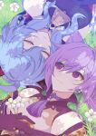  2girls bell blue_hair chinese_clothes closed_eyes closed_mouth english_commentary flower ganyu_(genshin_impact) genshin_impact gloves highres keqing_(genshin_impact) looking_at_another lying meowdy_nio multiple_girls on_back on_grass purple_hair smile twitter_username violet_eyes white_flower 