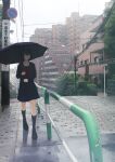  1girl absurdres apartment black_eyes black_hair black_sailor_collar black_serafuku black_shirt black_skirt black_socks black_umbrella building commentary_request day glasses hair_between_eyes highres holding holding_umbrella medium_hair original outdoors photo-referenced power_lines railing rain ripples road road_sign sailor_collar school_uniform serafuku shirt sign skirt sky socks solo summer tree umbrella unagi189 walking white_sky 