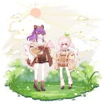 2girls absurdres animal_ears ankle_boots anqing backpack bag bag_charm bcy black_footwear boots bow bowtie brown_bow brown_bowtie brown_coat brown_dress brown_footwear brown_skirt bug butterfly cat_ears charm_(object) clouds coat cross-laced_footwear dress faux_figurine flag full_body grass highres holding holding_flag lace-up_boots long_hair loose_socks low_twintails mary_janes miao_jiujiu multiple_girls ponytail purple_hair red_eyes ruan_miemie shoes skirt socks standing sun sweater tree turtleneck turtleneck_sweater twintails white_background white_bag white_butterfly white_hair white_socks white_sweater yellow_headwear 