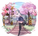  animal_ears aola_star arm_behind_back bow bowtie breasts cherry_blossoms highres large_breasts non-web_source official_art pointy_ears rabbit_ears railroad_tracks red_eyes shirt skirt thigh-highs white_shirt 