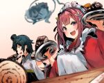  3girls akagi_(kancolle) apron black_hair black_headwear blurry blurry_background blurry_foreground bow flower food hair_between_eyes hair_bow hair_flower hair_ornament hat highres holding holding_plate japanese_clothes kamikaze_(kancolle) kantai_collection kimono long_hair long_sleeves looking_at_viewer maid_headdress matsukaze_(kancolle) multiple_girls official_alternate_costume open_mouth pink_eyes plate redhead short_hair simple_background sunday_aki top_hat upper_body white_apron wide_sleeves 