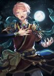  1boy absurdres blue_eyes commentary_request ensemble_stars! fingernails full_moon hand_on_own_chest hand_up headset highres itsuki_shu looking_at_viewer male_focus moon night night_sky official_alternate_costume open_mouth pink_hair short_bangs short_hair sky solo star_(sky) starry_sky teeth wednesday_108 