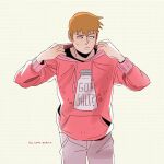  1boy artist_name blonde_hair closed_mouth commentary english_commentary english_text gatoiberico highres hood hood_down hoodie long_sleeves looking_to_the_side male_focus mob_psycho_100 pants print_hoodie red_hoodie reigen_arataka salt_shaker short_hair simple_background solo standing 