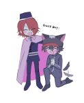  2boys animal_ears black_hair black_headwear blue_jacket blue_pants blush cabbie_hat cape closed_eyes commentary_request fake_animal_ears full_body glasses hair_over_one_eye hand_on_another&#039;s_head hat headpat highres jacket long_sleeves male_focus master_detective_archives:_rain_code multiple_boys open_mouth own_hands_together pants parimi_(tobari) pink-framed_eyewear pink_cape redhead round_eyewear short_hair simple_background sitting smile standing tail tail_wagging white_background yomi_hellsmile zilch_alexander 