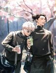  2boys bag black_eyes black_hair black_jacket black_pants blue_eyes closed_mouth cowboy_shot cup day drinking_straw ear_piercing falling_petals getou_suguru gojou_satoru hair_bun highres holding holding_cup jacket jujutsu_kaisen jujutsu_tech_uniform long_sleeves male_focus multiple_boys open_mouth outdoors pants petals piercing round_eyewear school_bag school_uniform short_hair smile standing sunglasses tree white_hair yulicechan 