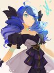  1girl ahoge bare_shoulders black_bow black_dress black_gloves black_sleeves blue_hair bow collarbone cowboy_shot detached_sleeves dress drill_hair gloves green_eyes grey_background grey_dress gwen_(league_of_legends) highres l+_(colour0816) league_of_legends long_hair looking_at_viewer multicolored_eyes puffy_short_sleeves puffy_sleeves scissors short_sleeves simple_background smile solo twin_drills twintails 