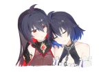  2girls ahoge bare_shoulders black_hair blue_hair chain closed_eyes detached_sleeves dress hair_between_eyes head_on_another&#039;s_shoulder highres honkai_(series) honkai_impact_3rd light_smile long_hair looking_at_another misaki_d3su multiple_girls red_eyes redhead seele_(alter_ego) seele_vollerei seele_vollerei_(starchasm_nyx) seele_vollerei_(stygian_nymph) short_hair simple_background twitter_username upper_body white_background white_dress 
