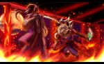  1boy 1girl burning burning_building eyepatch fate/grand_order fate_(series) fence fiery_background fighting fire full_moon holding holding_sword holding_weapon katana long_hair miyamoto_musashi_(fate) moon night night_sky sasaki_kojirou_(fate) sky sword weapon white_hair you26 