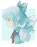  1girl blue_background blue_bow blue_dress blue_eyes blue_hair bow cirno closed_mouth dress flat_chest from_side hair_bow light_blue_background light_smile looking_ahead oito_(bowstringsmall) profile puffy_short_sleeves puffy_sleeves red_ribbon ribbon short_hair short_sleeves solo touhou wing_collar 