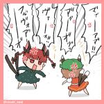  2girls anger_vein animal_ears arguing bare_legs barefoot black_bow blunt_bangs border bow brown_hair cat_ears chen chibi commentary_request dress emphasis_lines extra_ears facing_another green_dress hair_bow hair_ribbon hat jitome kaenbyou_rin legs_apart long_sleeves mob_cap multiple_girls nekomata noai_nioshi pink_border pointy_ears red_dress red_eyes redhead ribbon shadow short_hair simple_background speech_bubble touhou translation_request tress_ribbon v-shaped_eyebrows white_background 