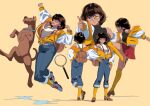  1girl animal_collar animification arm_up backpack bag baseball_cap breasts brown_hair collar dark-skinned_female dark_skin denim dog edoya_inuhachi english_commentary full_body glasses great_dane halterneck hand_on_own_hip hat highres jacket jeans jumping knee_up magnifying_glass midriff multiple_views off_shoulder one_eye_closed orange_thighhighs pants partially_unzipped scooby-doo scooby-doo_(character) shirt shoes short_hair simple_background skirt sleeveless sleeveless_shirt smile sneakers suspenders thigh-highs thumbs_up velma_dace_dinkley 