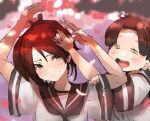  2girls =_= ayanami_(kancolle) black_necktie blush brown_eyes brown_hair brown_sailor_collar closed_eyes flower hair_ribbon highres kantai_collection long_hair multiple_girls necktie open_mouth pink_flower ponytail red_flower redhead ribbon sailor_collar school_uniform serafuku shikinami_(kancolle) short_sleeves signature sunday_aki sweat teeth upper_body upper_teeth_only 