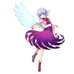  1girl boots bow bowtie braid brown_footwear closed_mouth dress french_braid full_body game_cg grey_hair highres jacket kishin_sagume long_sleeves looking_at_viewer purple_dress red_bow red_bowtie red_eyes rotte_(1109) short_hair simple_background single_wing solo third-party_source touhou touhou_lost_word white_background white_jacket white_wings wings 