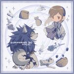  1boy 1girl bag bandages basket black_hair blue_border blue_flower blue_rose book border brown_eyes brown_hair candle chibi coat dress flower flower_brooch frown furry furry_male highres holding holding_book long_hair long_sleeves magic_circle mili_(band) ooya_(july_26) paper_bag pouch purple_dress rose severed_arm severed_limb simple_background sparkle white_background white_coat wide_sleeves wolf_boy yellow_eyes 