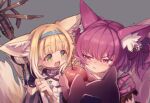  2girls :d animal_ear_fluff animal_ears apple arknights blonde_hair blue_hairband blush braid braided_hair_rings closed_mouth commentary_request food fox_ears fox_girl fox_tail fruit green_eyes grey_background hair_rings hairband highres holding holding_food holding_fruit holding_staff infection_monitor_(arknights) lolitamomoya morte_(arknights) multiple_girls multiple_tails open_mouth purple_hair shamare_(arknights) short_hair simple_background smile staff stuffed_wolf suzuran_(arknights) tail twintails upper_body violet_eyes 