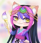  1boy :3 animal_ears black_hair blush calligraphy_brush chibi doll_joints fox_ears hand_up head_chain highres holding holding_brush joints kumu_zaisheng long_hair multicolored_hair paintbrush purple_hair purple_shirt shirt solo split-color_hair upper_body yan_jue_(ye_luoli) ye_luoli yellow_background yellow_eyes 