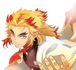  1boy blonde_hair bright_pupils closed_mouth colored_tips demon_slayer_uniform flame_print highres kimetsu_no_yaiba looking_at_viewer male_focus multicolored_hair myukom orange_eyes outstretched_hand red_eyes redhead rengoku_kyoujurou solo thick_eyebrows white_background white_pupils 