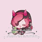  1girl :3 animification apex_legends bad_id bad_lofter_id black_choker black_headwear black_jacket black_shirt blush chibi choker commission cyber_punked_wattson english_text eyepatch holding holding_stuffed_toy hood hood_down horns jacket lowres nessie_(respawn) one_eye_covered pink_background pink_hair shi_mie_ye shirt smile solo sparkle stuffed_toy wattson_(apex_legends) white_eyes 