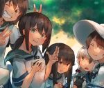  5girls :&gt; black_gloves black_hair brown_eyes brown_hair closed_eyes closed_mouth double_v eating fingerless_gloves food food_on_face fubuki_(kancolle) gloves green_eyes grey_hair grin hair_ribbon hat hatsuyuki_(kancolle) highres holding holding_food kantai_collection long_hair long_sleeves looking_at_viewer low_ponytail miyuki_(kancolle) multiple_girls murakumo_(kancolle) one_eye_closed onigiri open_mouth ponytail ribbon sailor_collar school_uniform serafuku shikinami_(kancolle) short_hair sidelocks smile sunday_aki v white_headwear 